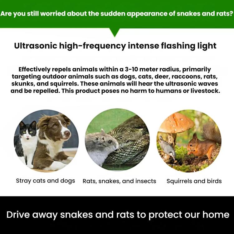Green solar ultrasonic repellent showing top speaker and LED indicators beside animal icons