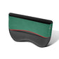 Green and black car seat gap storage box with red trim and stitched edges