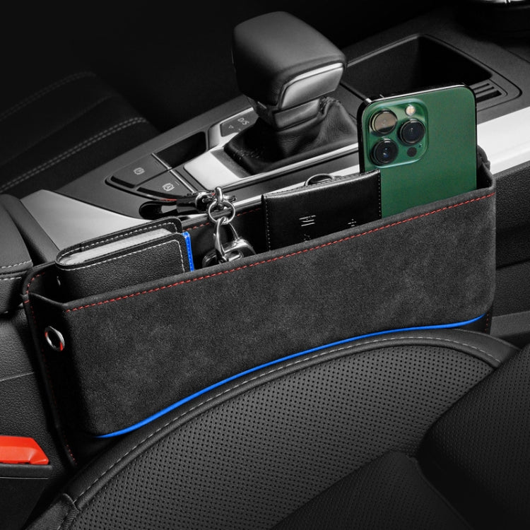Black car seat gap organizer box with blue edge, key ring and phone storage