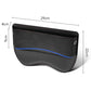 Black car seat gap storage box with blue trim, oval opening, and metal grommet