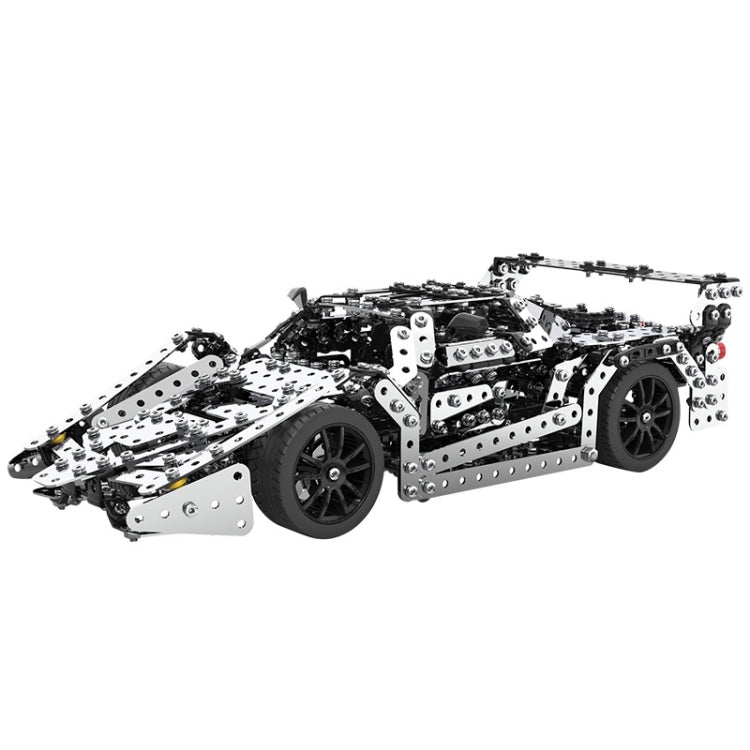 Racing car metal building block toy model with black and silver panels and four wheels