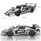 Racing car metal building block toy model with visible dimensions, black and silver body