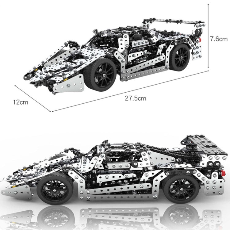 Racing car metal building block toy model with visible dimensions, black and silver body