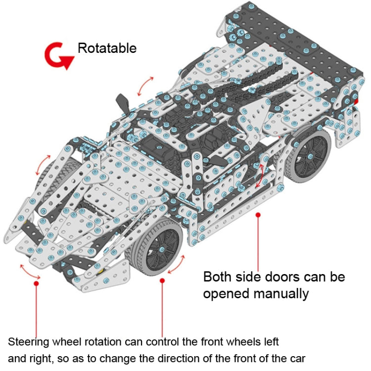 Racing car metal building block toy with teal/gray plate design and side doors shown