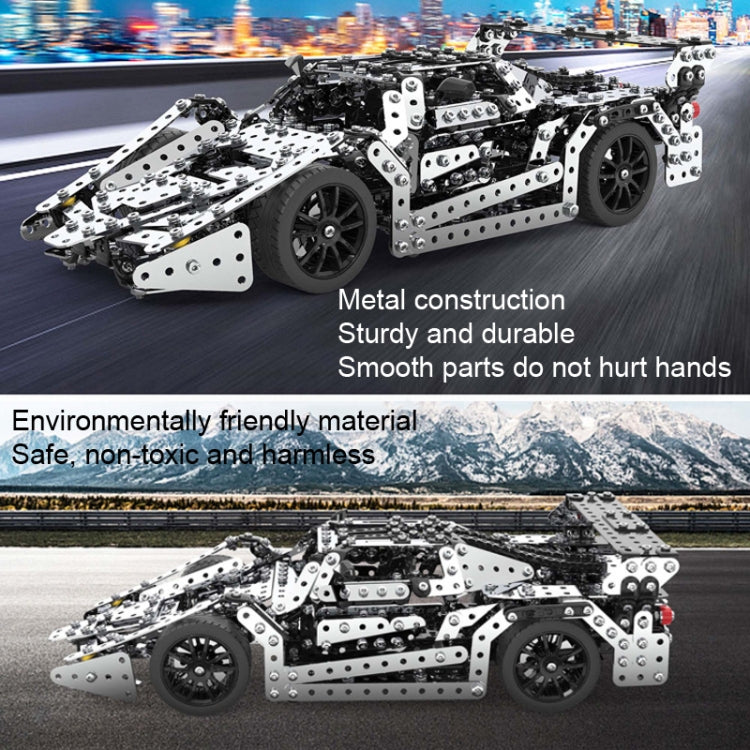 Racing car metal building block toy model with black, silver frame and four spinning wheels