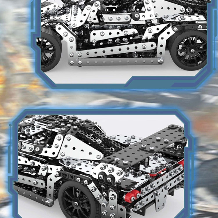 Racing car metal building block toy close-up of side frame and wheel area