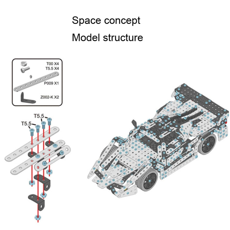 Racing car metal building block toy diagram with step parts and light gray/blue panels