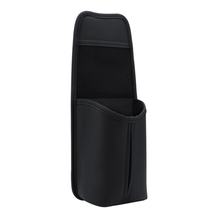 Black leather car seat hanging storage bag with mesh pocket and cup sleeve