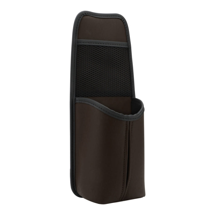 Brown leather car seat hanging storage bag with mesh pocket and cup sleeve