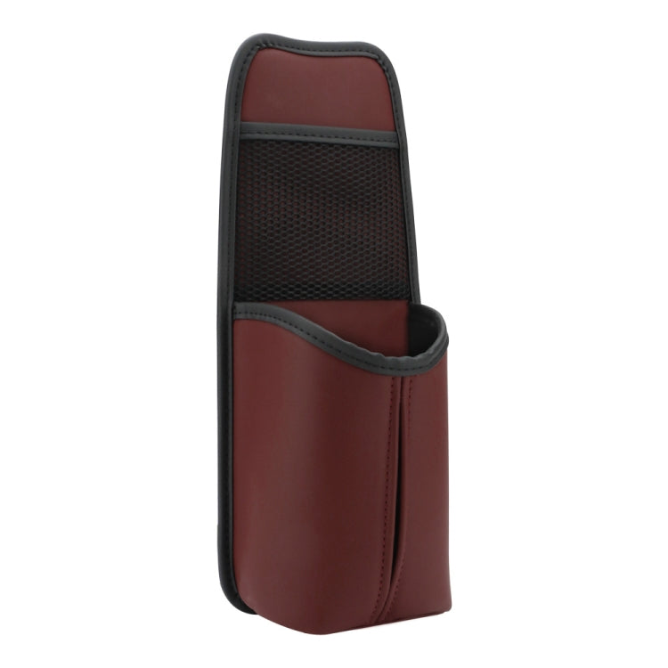 Red leather car seat hanging storage bag with mesh pocket and cup sleeve