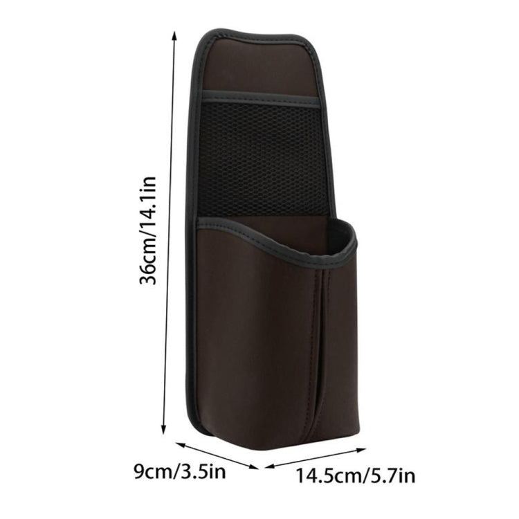Brown leather car seat hanging storage bag with mesh pocket and side sleeve