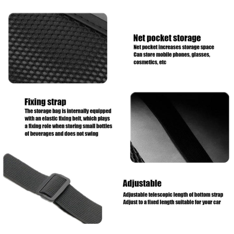 Car seat hanging storage bag with mesh pocket and adjustable bottom strap