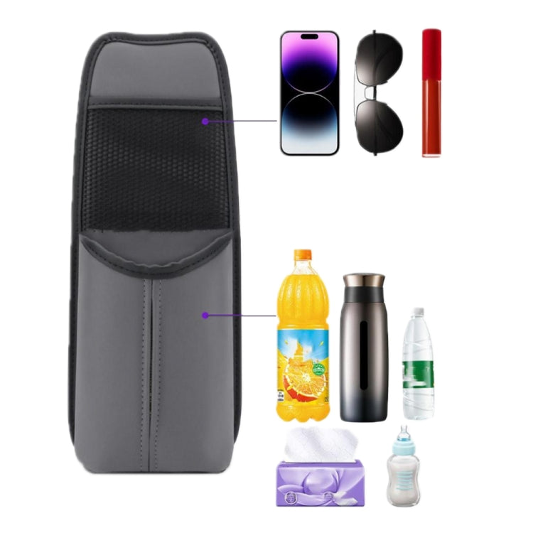 Grey leather car seat hanging storage bag with mesh pocket for tissues and bottles