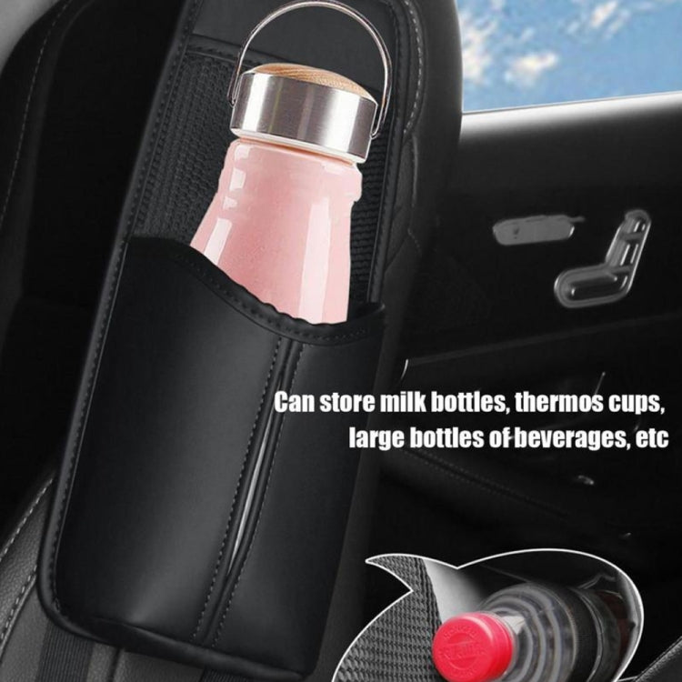 Black leather car seat hanging storage bag with bottle sleeve and mesh pocket