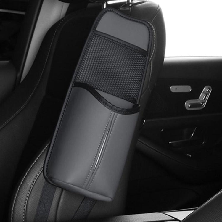 Gray leather car seat organizer hanging bag with mesh pocket and tissue holder