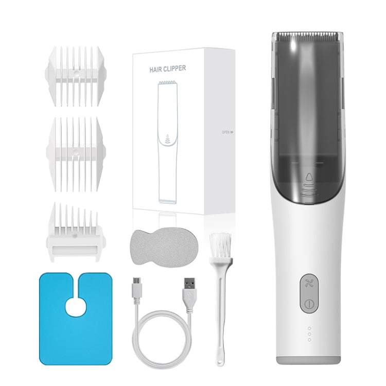 White children's electric hair clipper with suction attachment, comb guards, brush, and USB cable