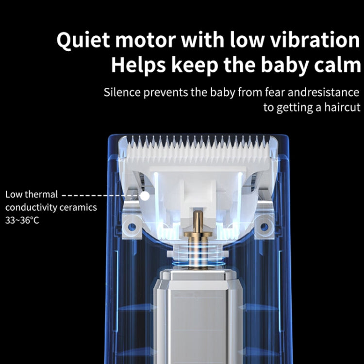 Children's electric hair clipper cutting head shown in clear housing with inner blade mechanism