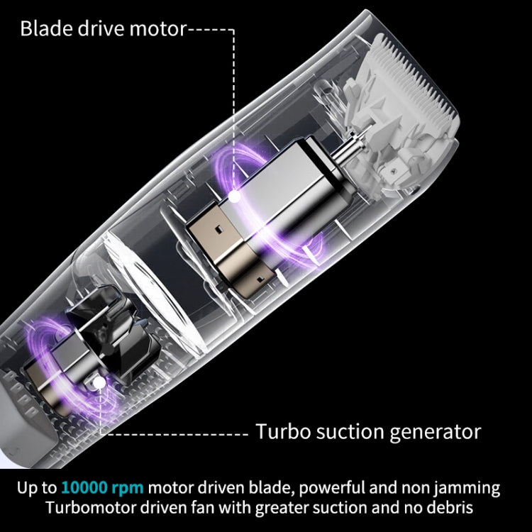 Cutaway view of electric hair clipper showing motor, blade drive, and turbo suction generator