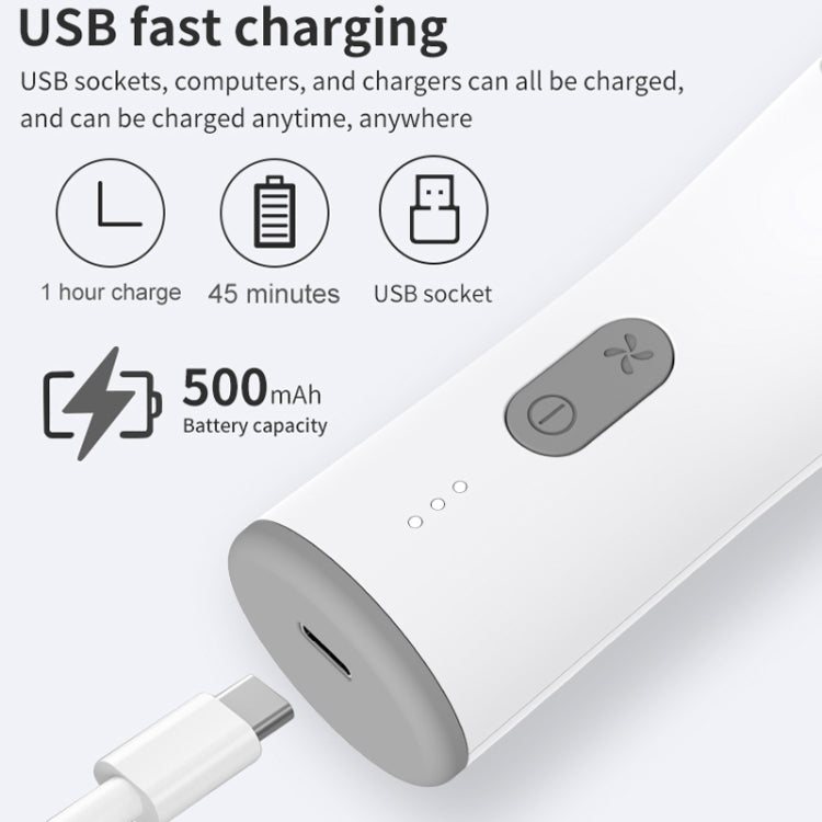 White rechargeable children's hair clipper with USB charging port and charging indicator