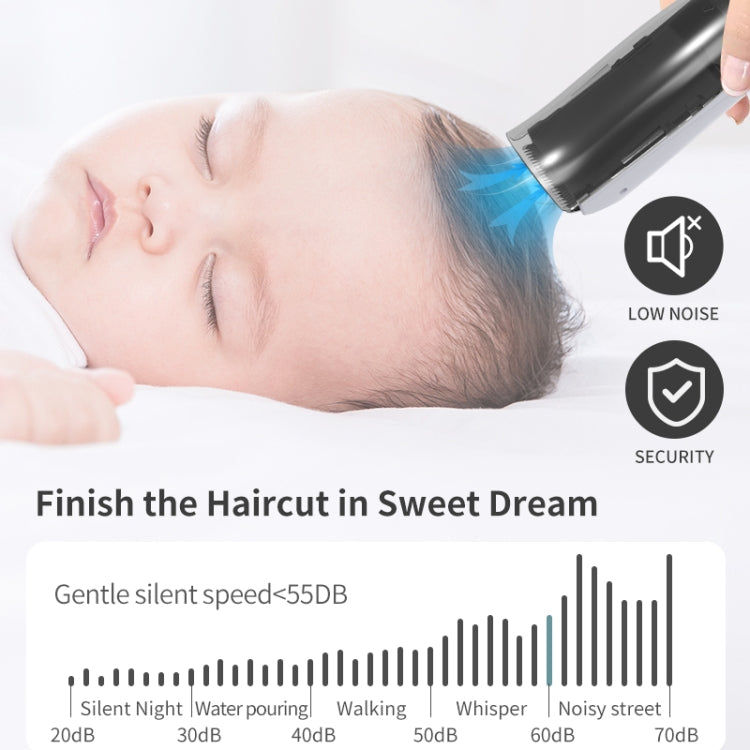 Low-noise electric hair clipper held near child head, safety indicators on display