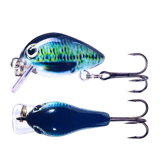Floating fishing lure set, blue-green fish design with clear lip and treble hooks