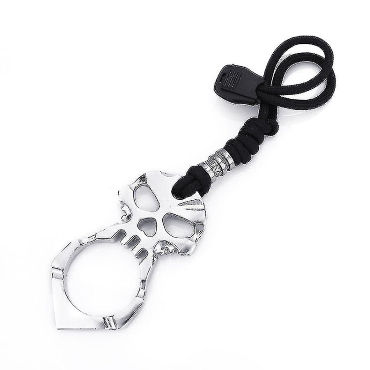 Silver skull self-defense keychain with black rope cord and metal buckle ring
