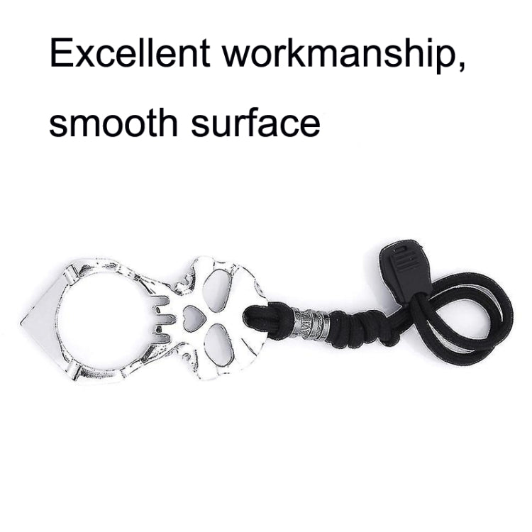 Chrome silver skull keychain with black cord and metal ring attachment