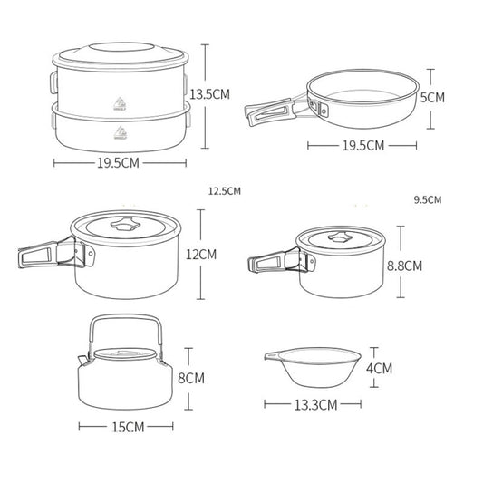 Cookware set size diagram with pot and lid dimensions shown in inches and cm