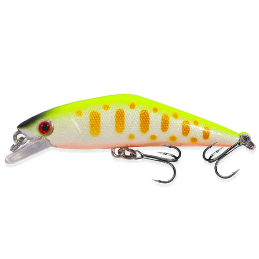Fishing minnow lure, lime green and white with orange stripes, treble hooks