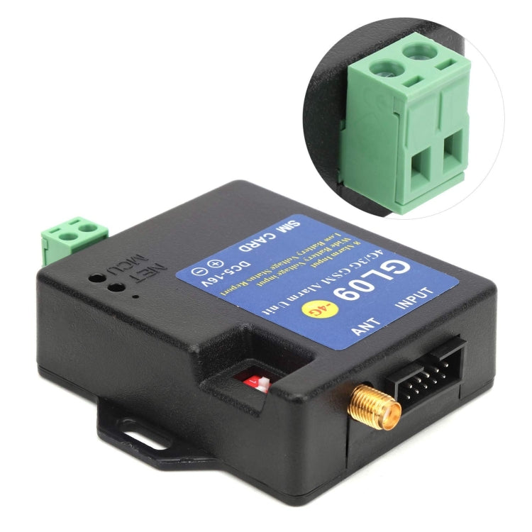 Black GSM alarm module with blue label and green screw terminal block on top