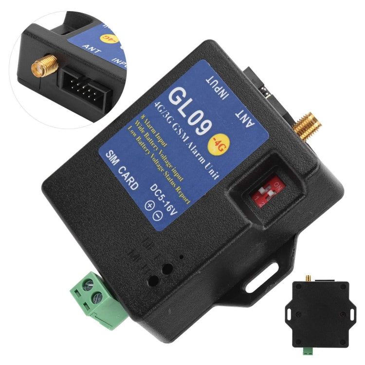 Black 4G GSM alarm unit with SIM card slot, green terminal, and antenna mount