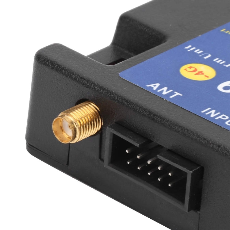 Black GSM alarm module with gold antenna jack and multi-pin input connector