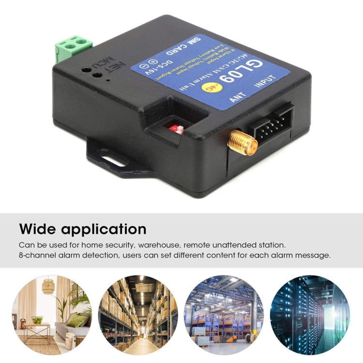 Black 4G GSM alarm module with blue label, antenna connector, and input port