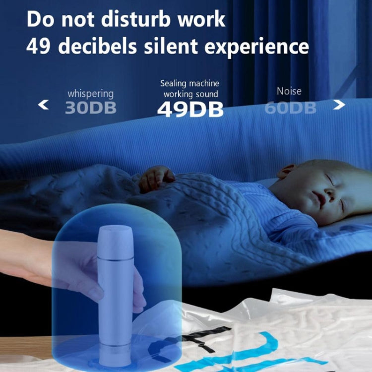 White handheld vacuum sealer cylinder with control button on bedding