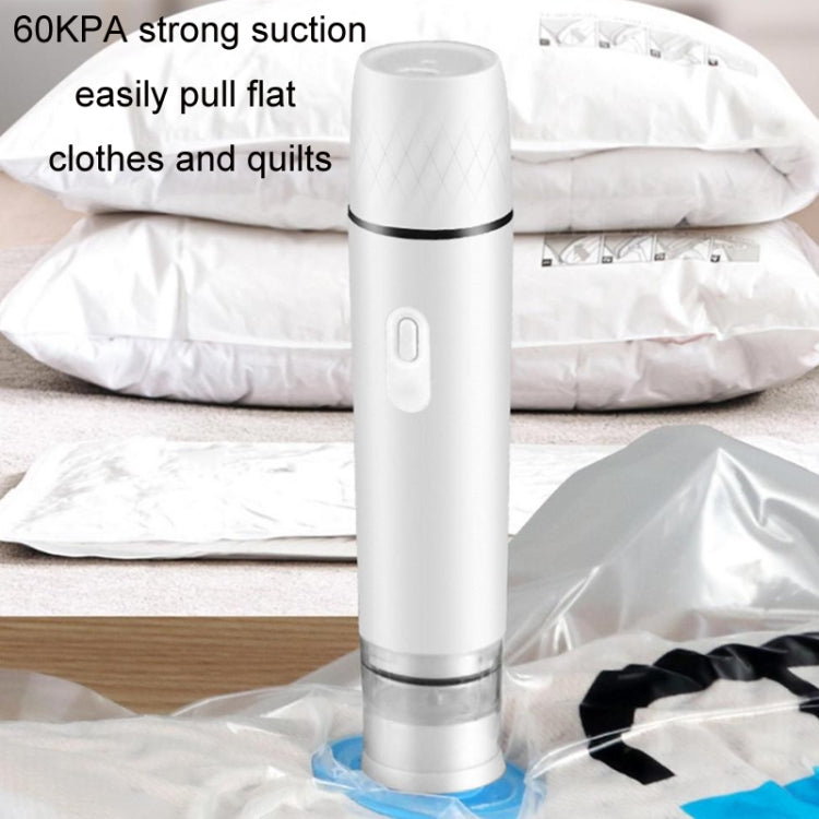 White handheld vacuum sealer pulling vacuum on bags for quilts and clothes