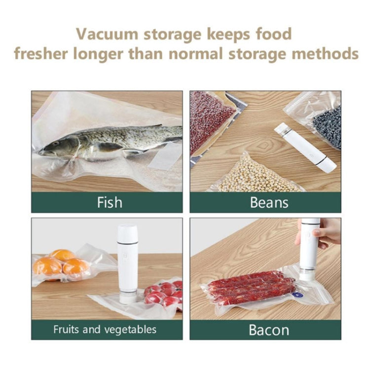 White handheld vacuum sealer shown with vacuum-sealed fish, beans, fruits, and bacon