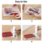 Hands sealing food in a vacuum bag using a white handheld vacuum sealer