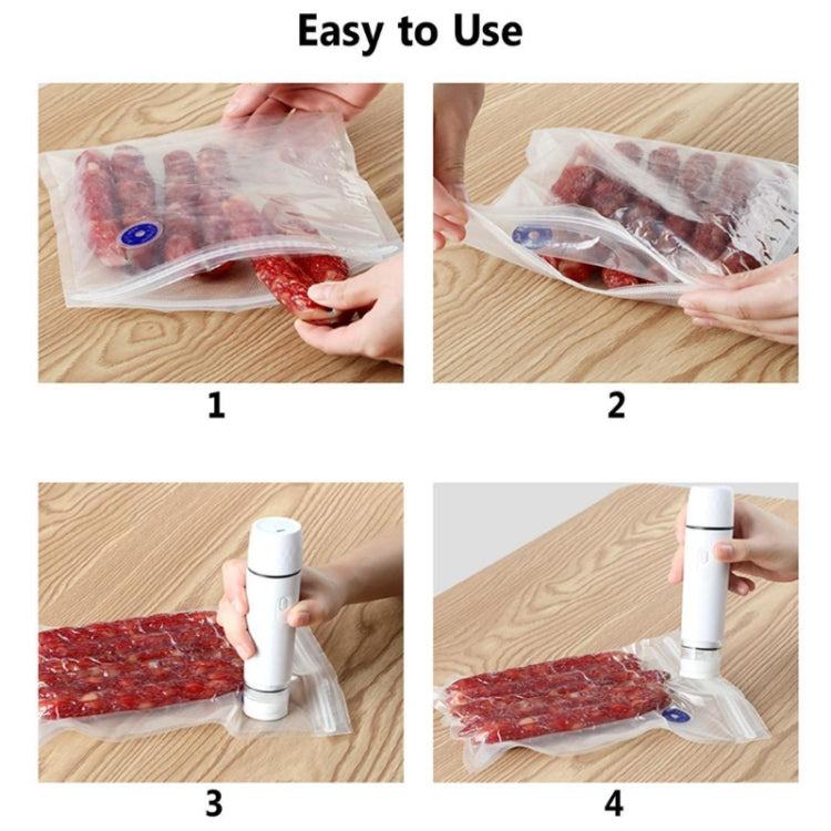 Hands sealing food in a vacuum bag using a white handheld vacuum sealer