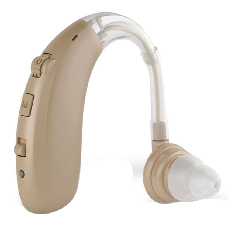 Skin-color earhook hearing amplifier with clear sound tube and white ear tip, control buttons