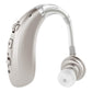 Silver earhook hearing amplifier with clear sound tube and white ear tip, side controls