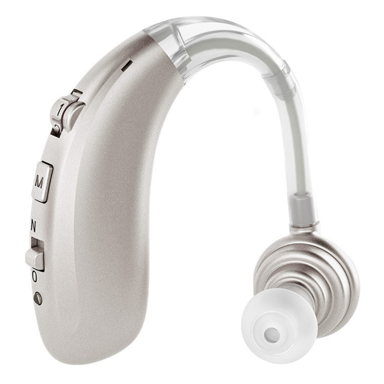 Silver earhook hearing amplifier with clear sound tube and white ear tip, side controls