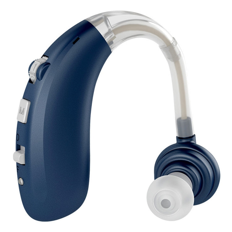 Blue earhook hearing amplifier with clear sound tube and white ear tip, side controls