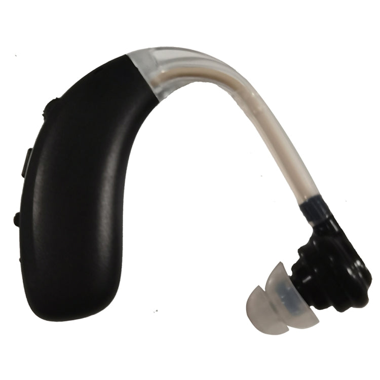 Black earhook hearing amplifier with clear sound tube and white ear tip, control housing