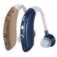 Pair of earhook hearing amplifiers in skin-color and blue with clear tubes and ear tips