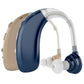 Two earhook hearing amplifiers, skin-color and blue, with sound tubes and ear tips