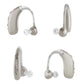 Hearing amplifier set with white earhooks, clear tubes, and white ear tips (multiple views)