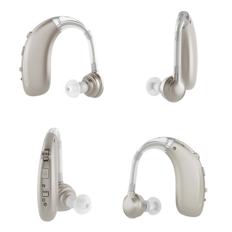 Hearing amplifier set with white earhooks, clear tubes, and white ear tips (multiple views)