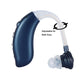 Blue earhook hearing amplifier with ear tips and adjustable fit for both ears
