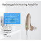 Beige rechargeable hearing amplifier with USB charging port and white ear tip, green indicator