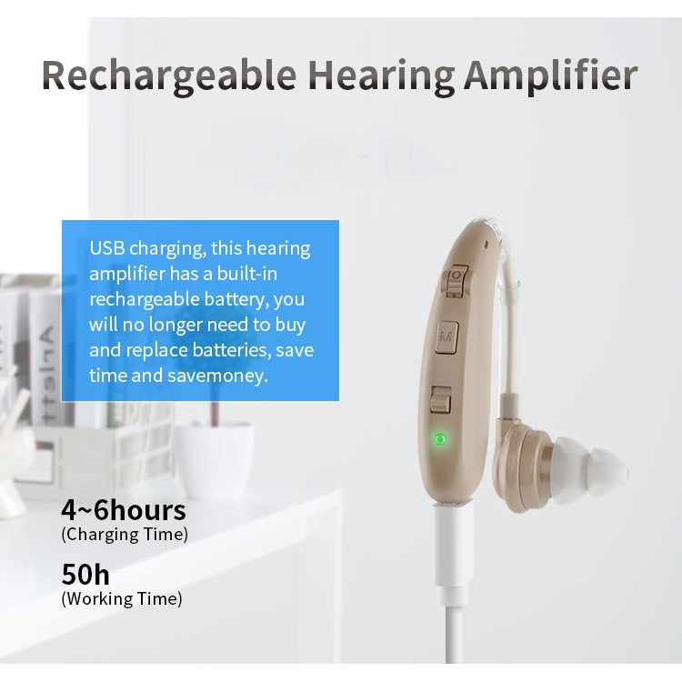 Beige rechargeable hearing amplifier with USB charging port and white ear tip, green indicator